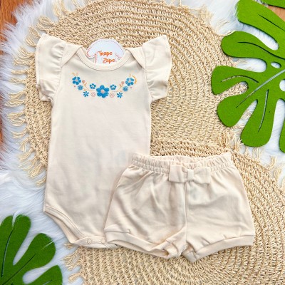 Kit 6 Peças - Floral Tropical - Creme, Off White e Azul Petróleo 